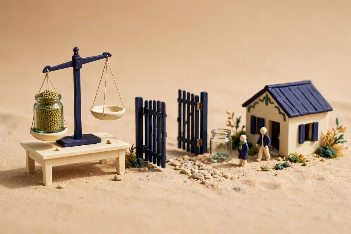 Clay scale, two jars, a small gate, and a house doorway
