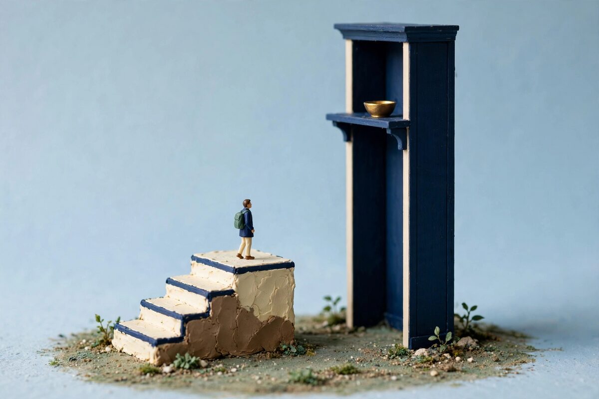 Tiny figure on a low platform facing a taller shelf with a bowl