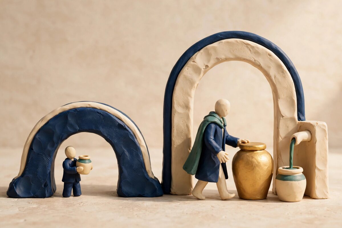Taller clay figure passing an arch toward a sealed jar and a filling jar