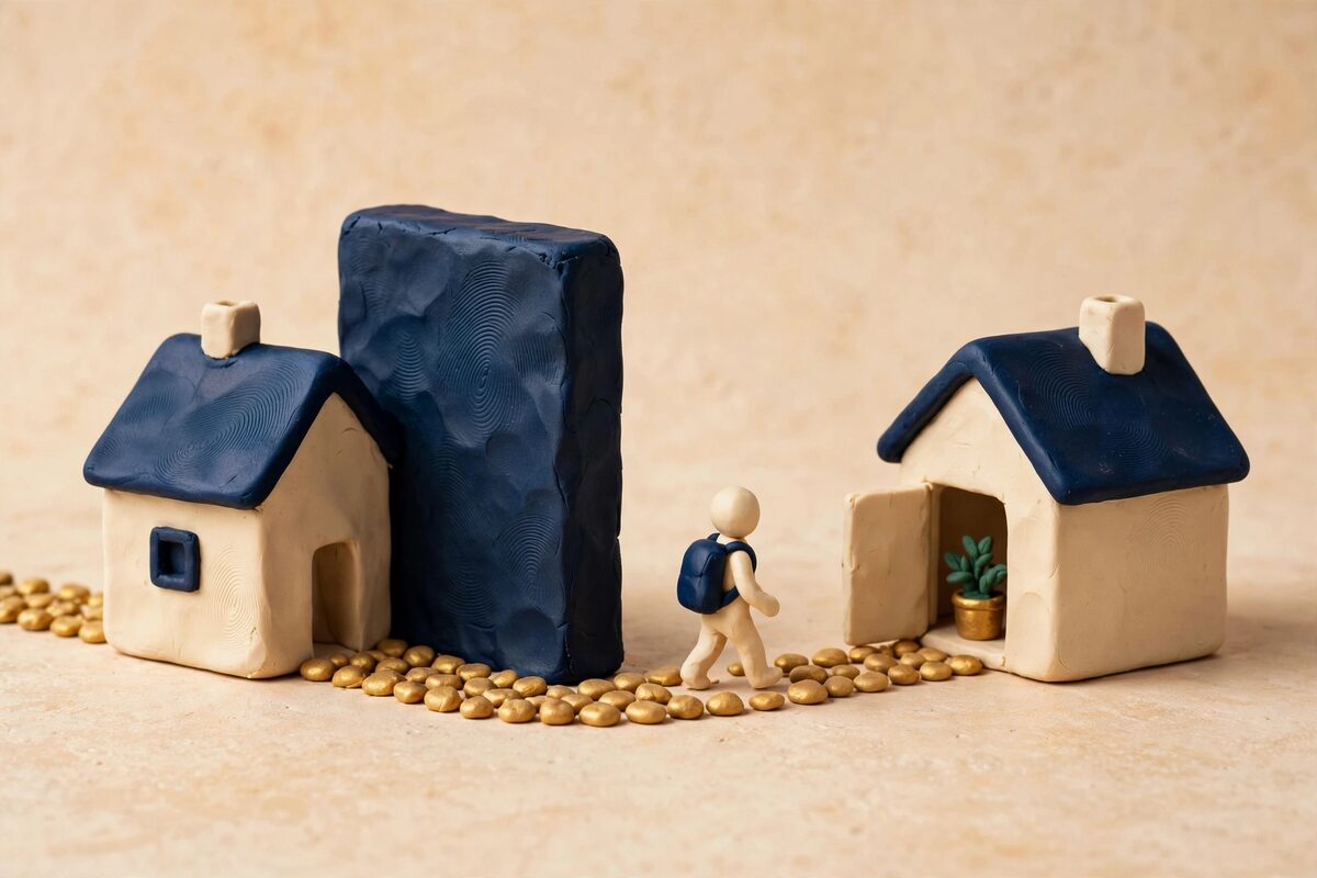 Two clay houses, one walled shut and one with an open doorway
