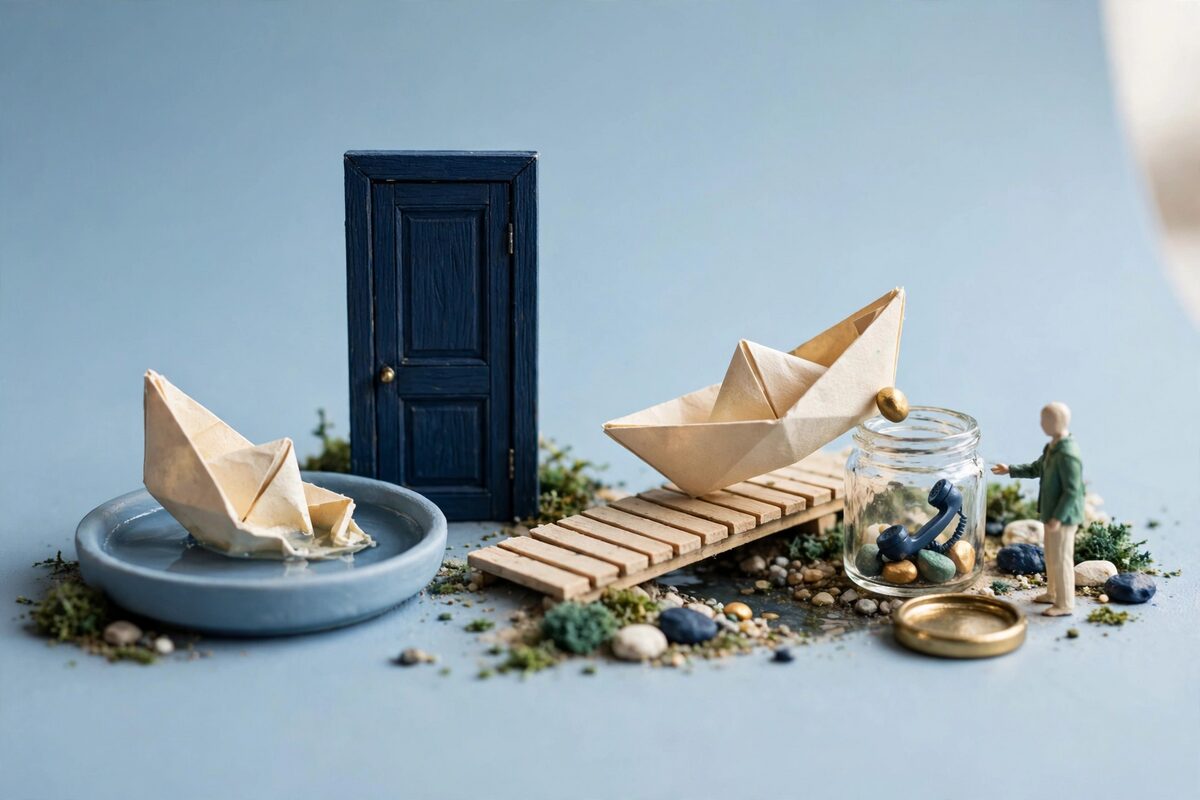 Two paper boats, one stopped by a door and one reaching a jar