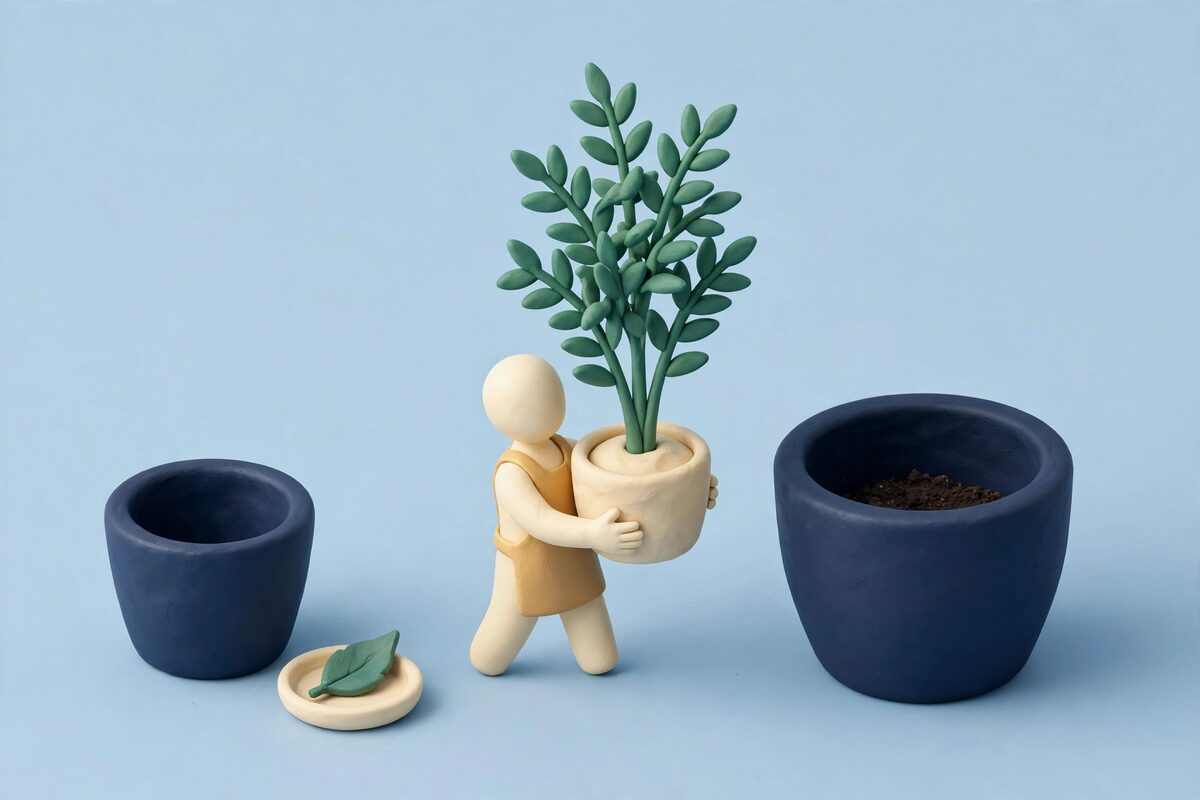 Clay plant moved whole into a wider pot with one leaf left behind
