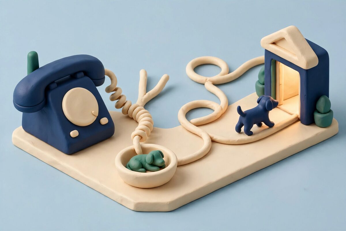 A toy phone splitting two cords toward a bowl and a lit doorway