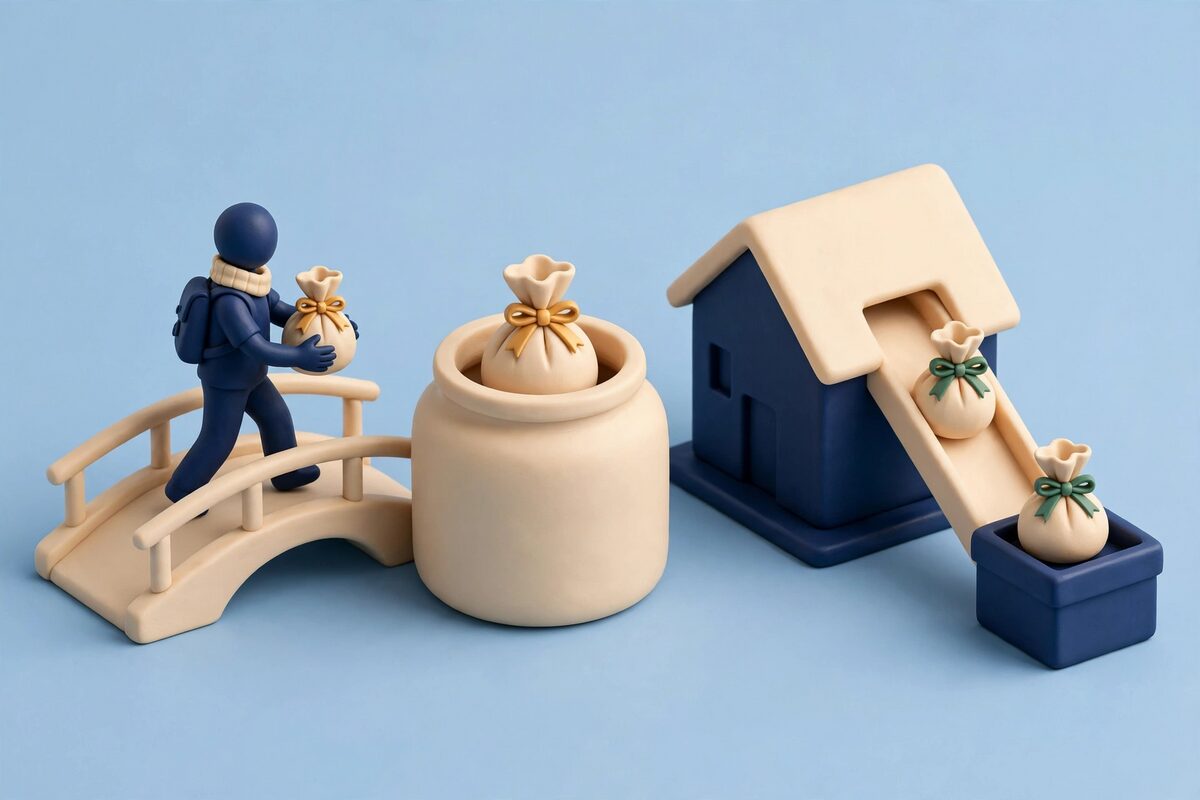 A clay figure carries a bundle across a bridge into an open jar