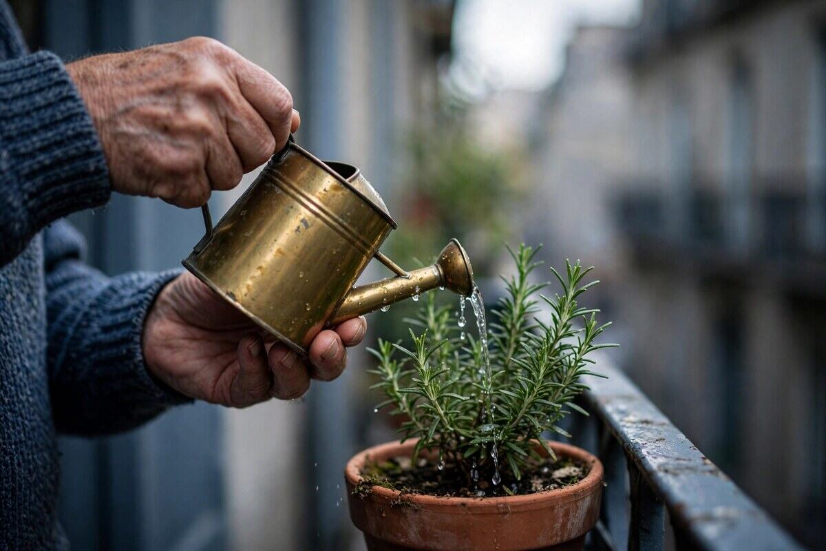 Hands watering a rosemary pot on a narrow balcony