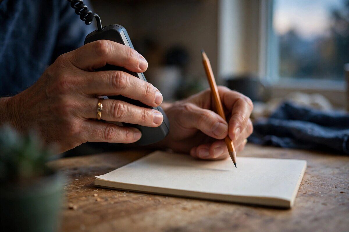 Hands holding a phone handset and pencil over a blank notepad