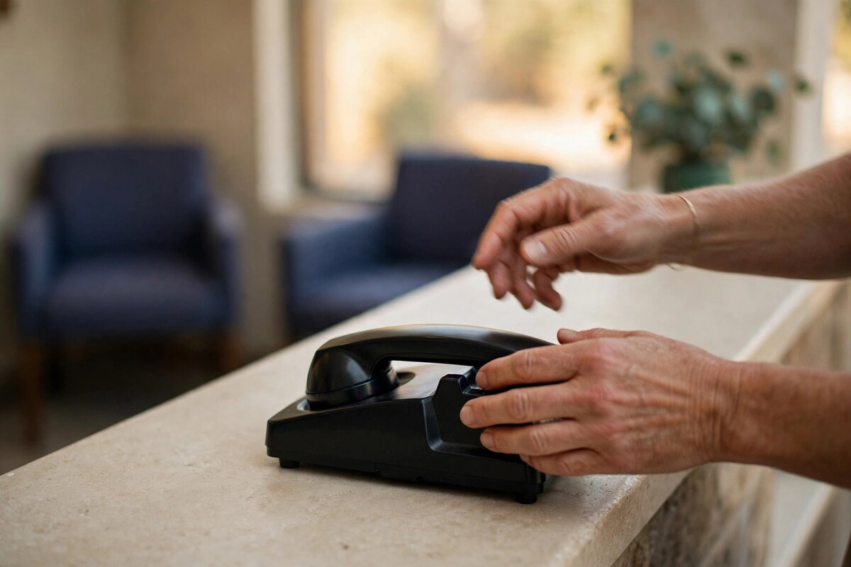 Hands setting a phone handset on an empty reception counter