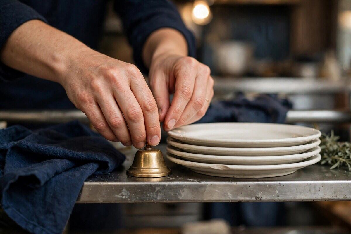 Hands setting a bell beside plates on a kitchen shelf