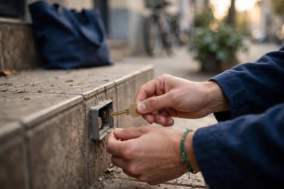 Hands setting a house key into a lockbox on a tiled step