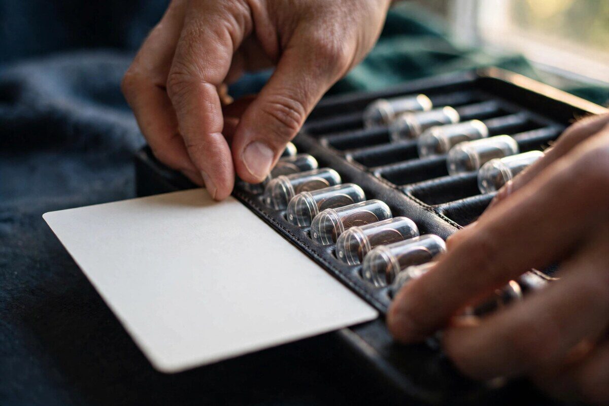 Hands sorting dated coin capsules next to a blank index card