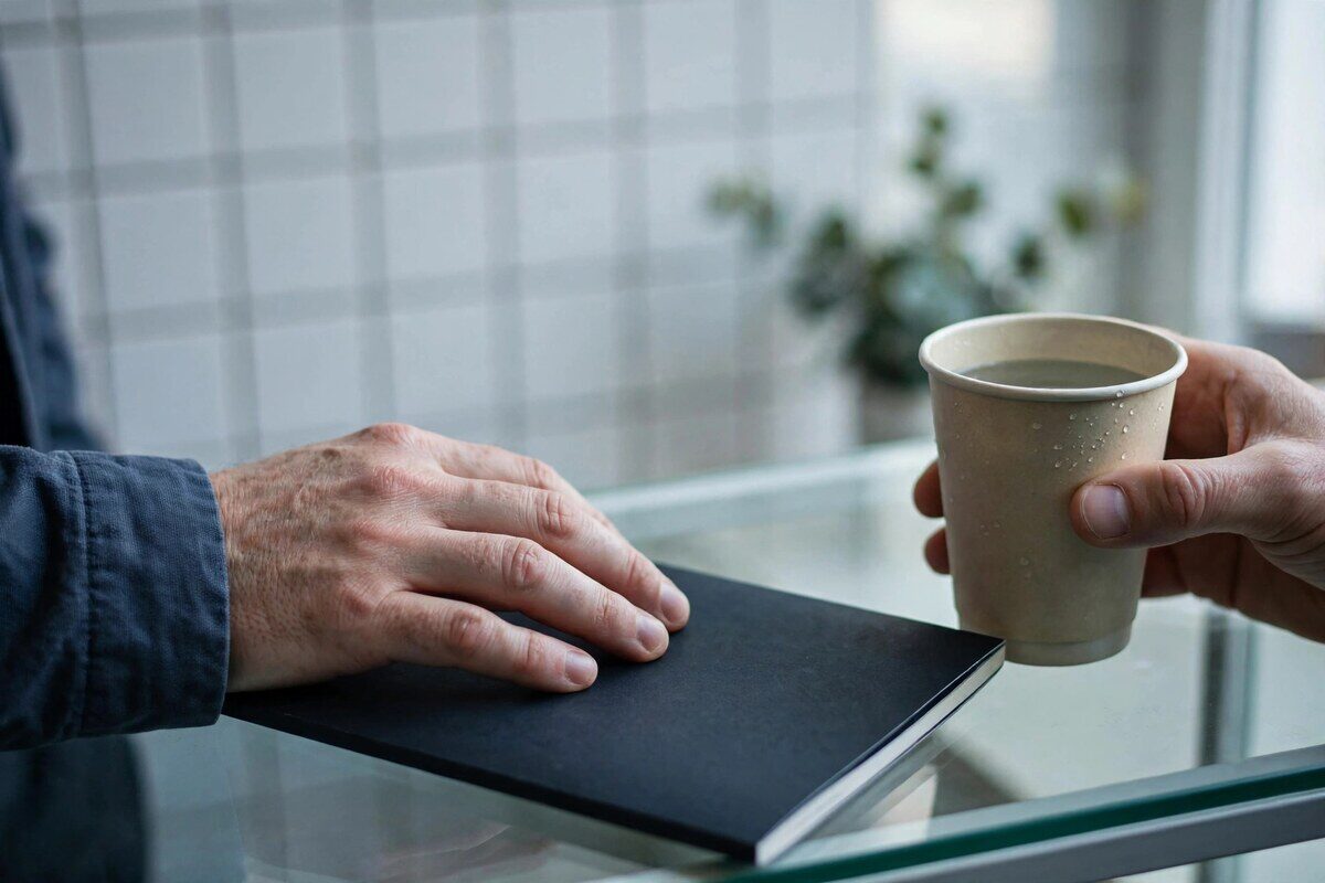 Hands setting a plain dark booklet on a glass office counter