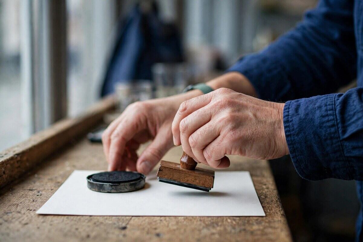 Hands setting a rubber stamp beside an ink pad on a wooden counter