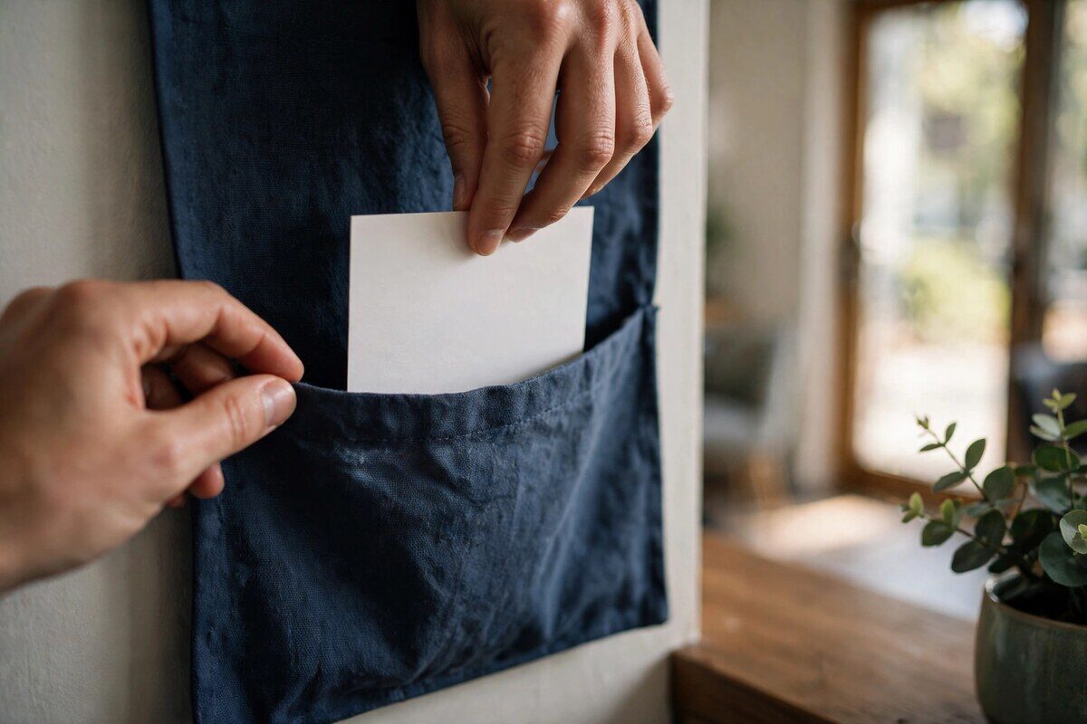 Hands sliding a blank card into a wall pocket beside a counter