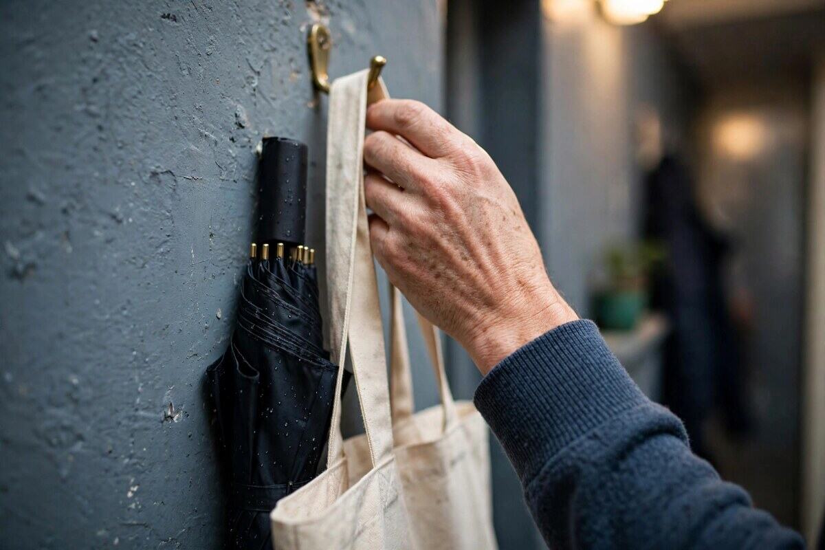 Hands hanging a canvas tote on an apartment entry hook