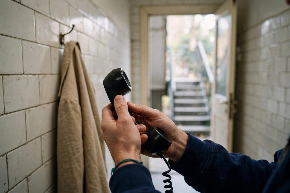 Hands holding a phone receiver in a narrow tiled hallway