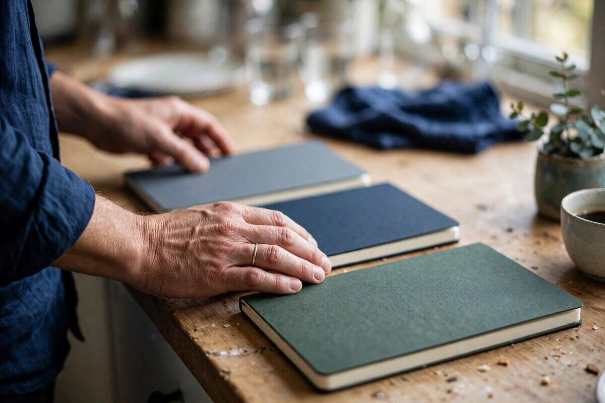 Hands arranging three blank notebooks of different thicknesses on a kitchen counter