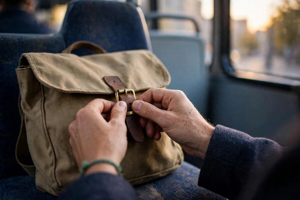 Hands buckling a canvas satchel closed on a city bus seat