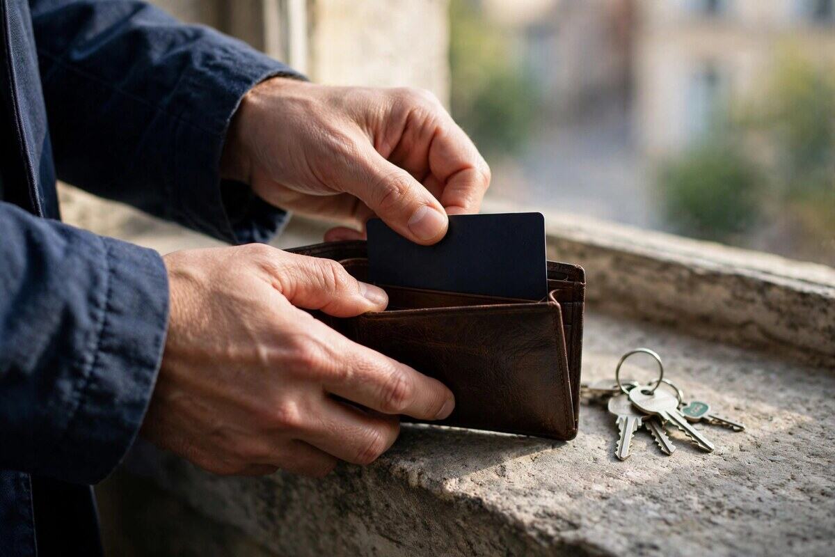 Hands sliding a plain card into a wallet on a windowsill