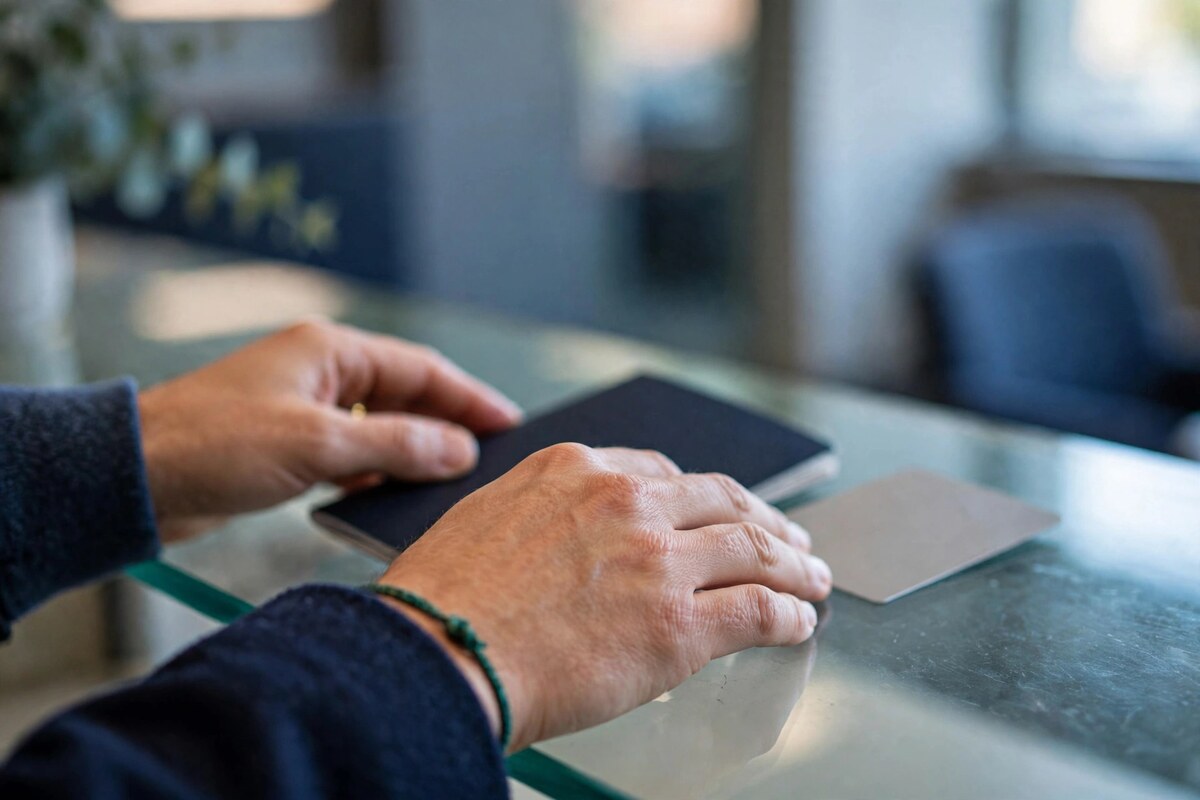 Hands passing a passport and bank card across a glass counter