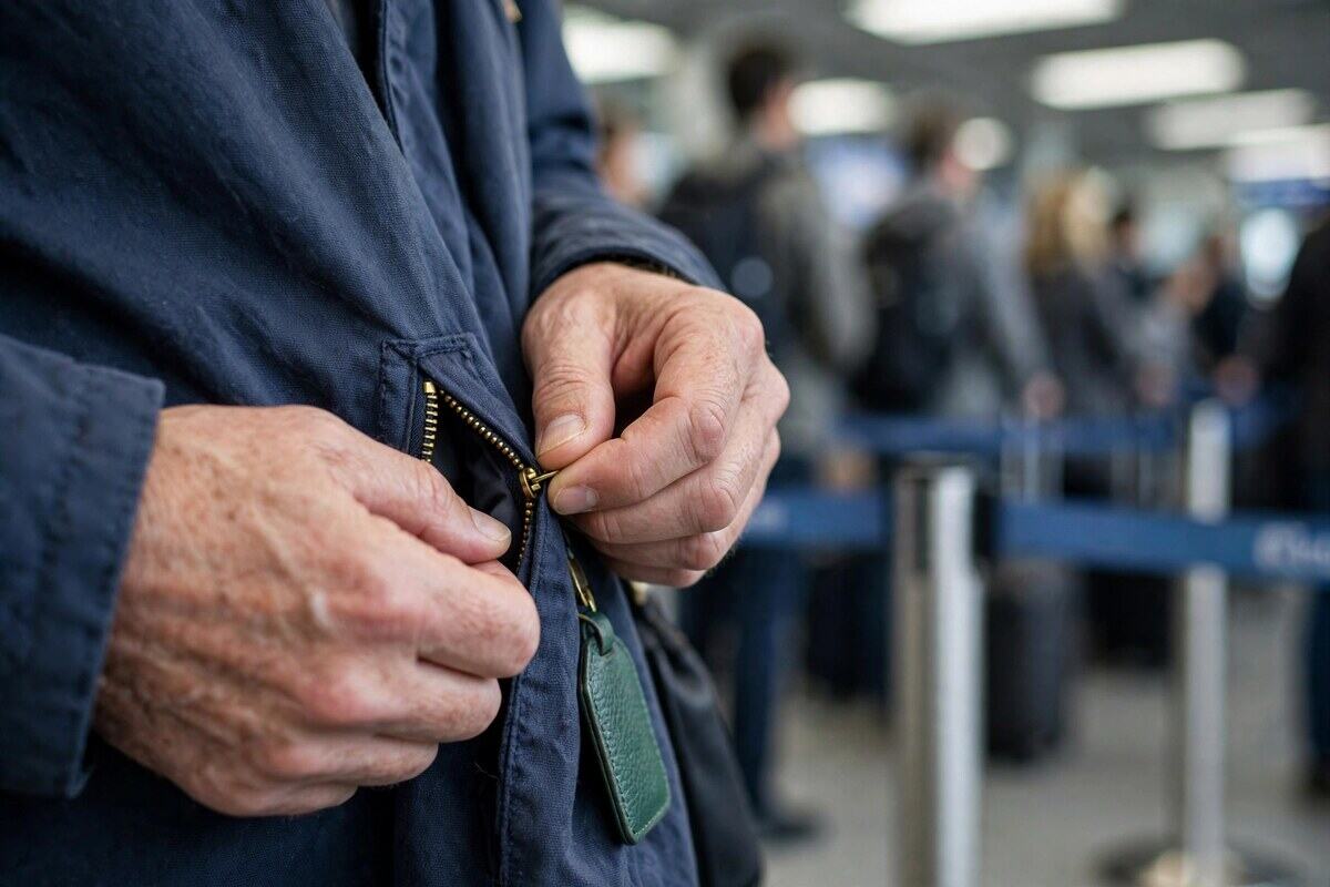 Hands zipping a jacket pocket while waiting in an airport queue
