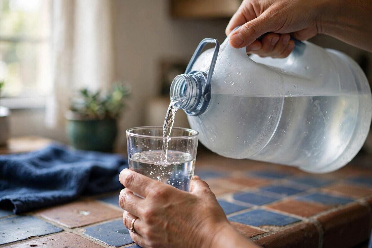 Hands filling a glass from a large water jug on tile