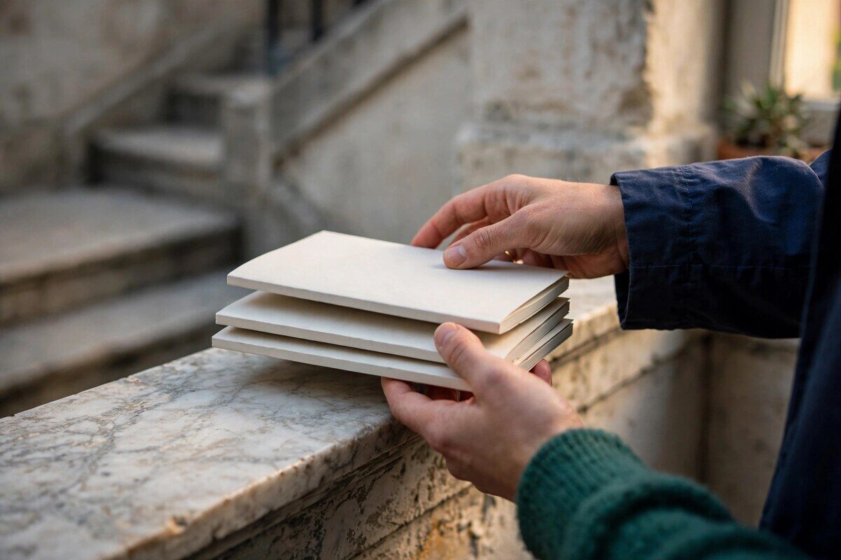 Hands stacking plain closed booklets on a marble stairwell windowsill
