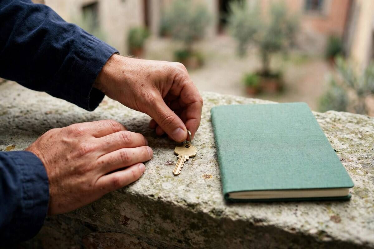 Hands set a house key on a stone sill beside a closed notebook