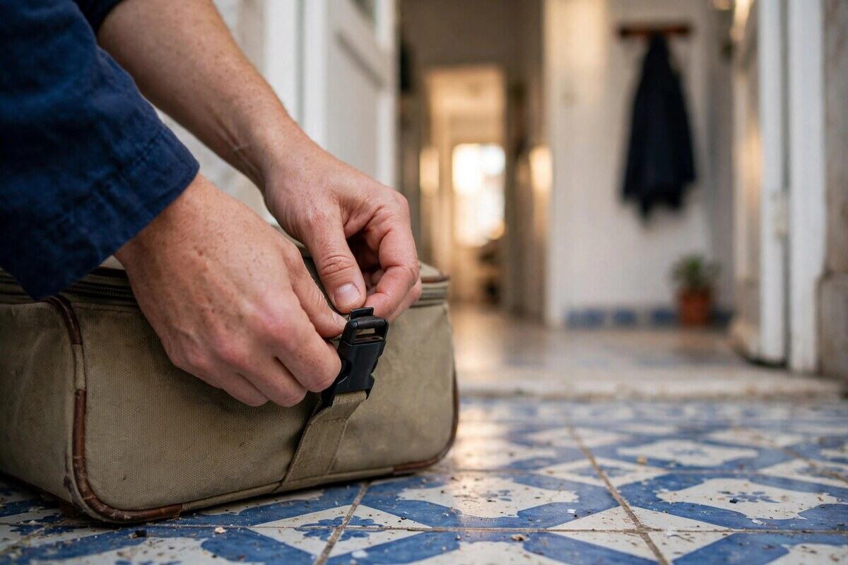 Hands buckling a suitcase on a tiled floor by a doorway