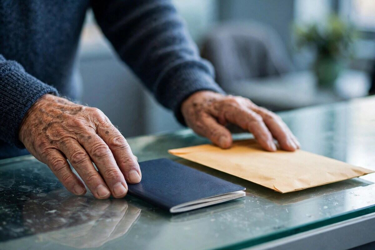 Hands setting a closed passport on a glass counter