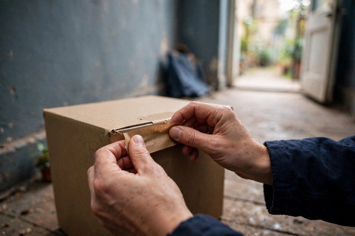 Hands sealing a plain box with tape on a hallway floor