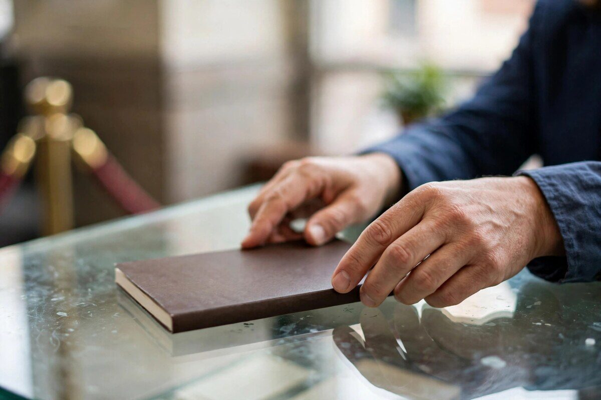 Hands sliding a closed bankbook across a glass counter in morning light
