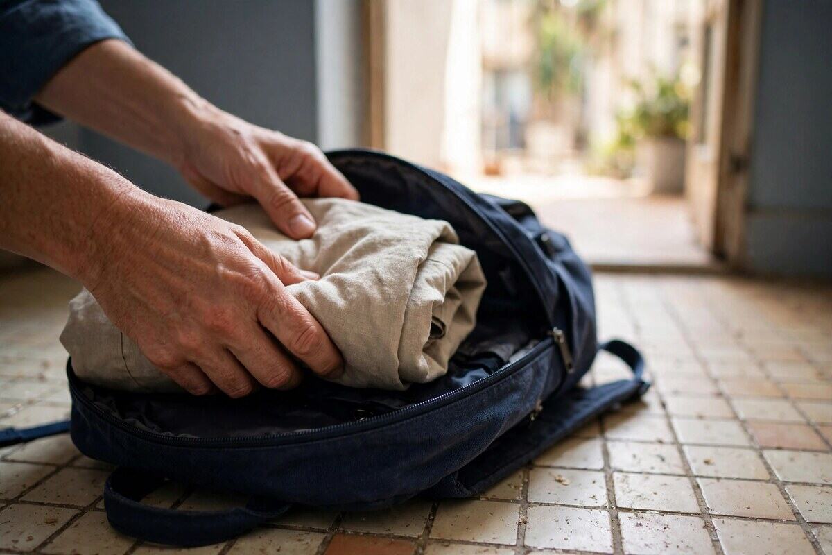 Hands folding a jacket into a backpack by a sunlit door