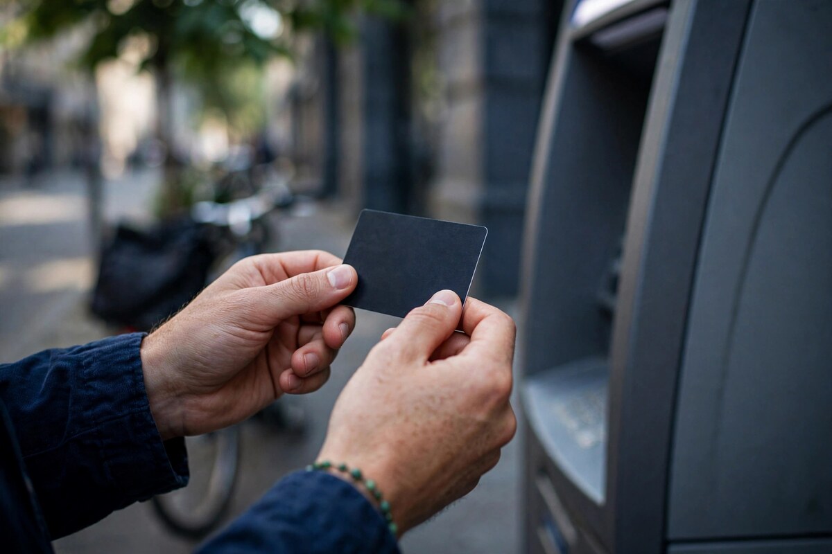 Hands holding a dark card at an outdoor cash machine