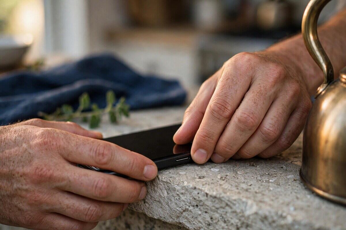 Hands sliding a SIM tray into a phone on a kitchen ledge