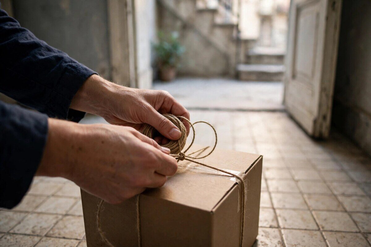 Hands tying twine around a plain cardboard box on a tiled floor