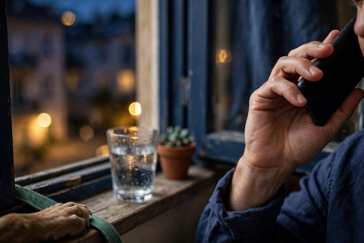 Hands holding a phone by a night window with a dog paw nearby