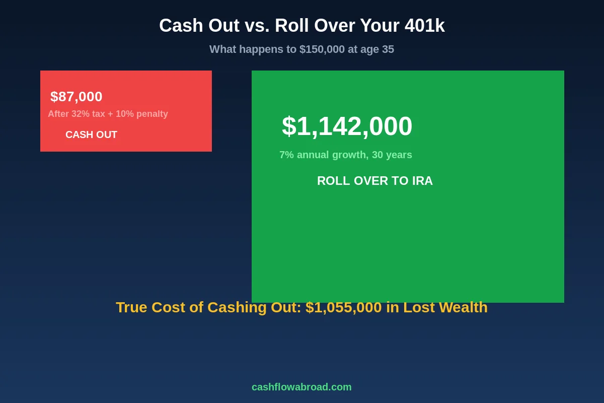 Cash out vs rollover 401k comparison showing $87,000 after taxes vs $1,142,000 if rolled over to IRA