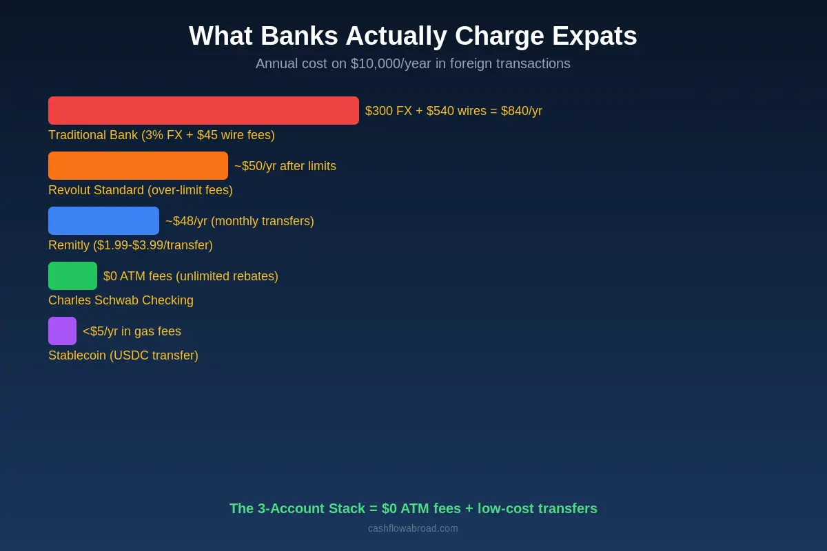 Expat banking fee comparison chart showing annual costs by account type