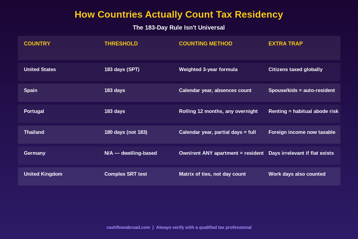 183-day rule country comparison across Spain, Portugal, Thailand, Germany, UK