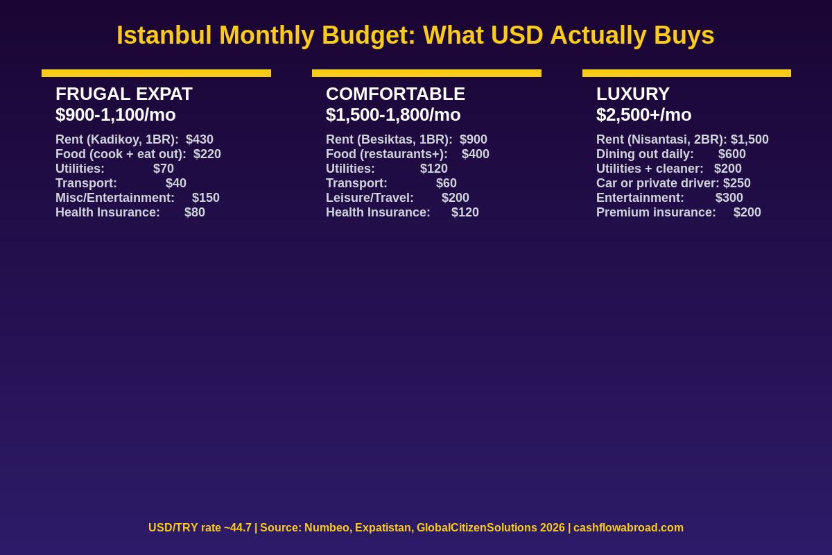 Istanbul monthly budget breakdown comparison infographic for US expats living in Turkey