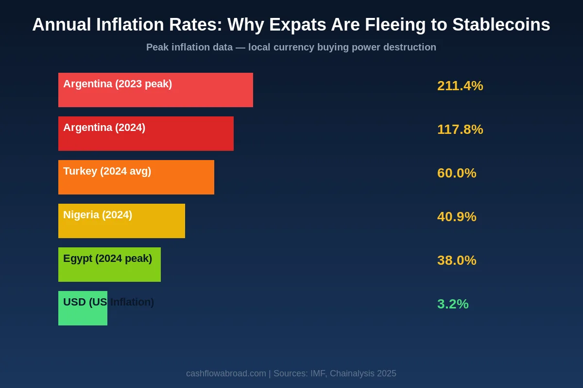Country inflation rates comparison - Argentina 211%, Turkey 60%, Nigeria 40%, Egypt 38% versus USD 3.2%
