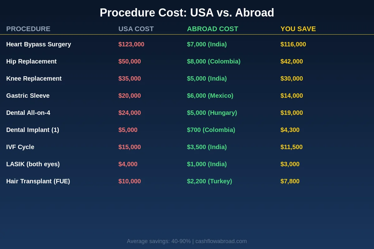 Medical Procedure Cost Comparison: USA vs Abroad showing savings from $116,000 on heart bypass to $3,000 on LASIK