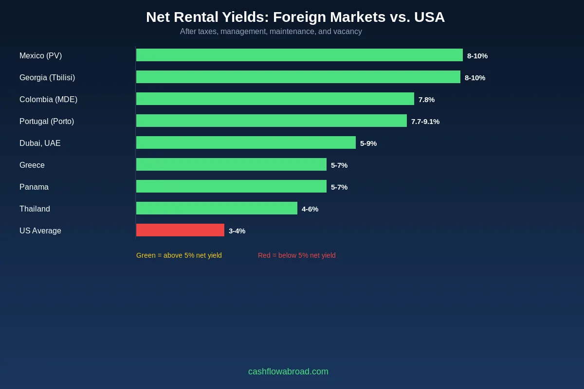Net rental yields comparison foreign markets vs USA