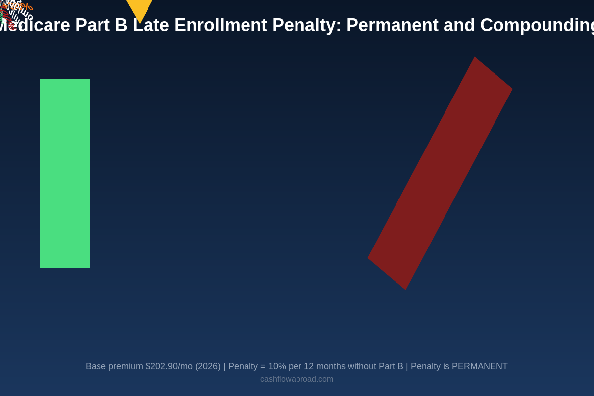 Medicare Part B Late Enrollment Penalty Compounding Chart showing premium increases from 10% after 1 year up to 150% after 15 years