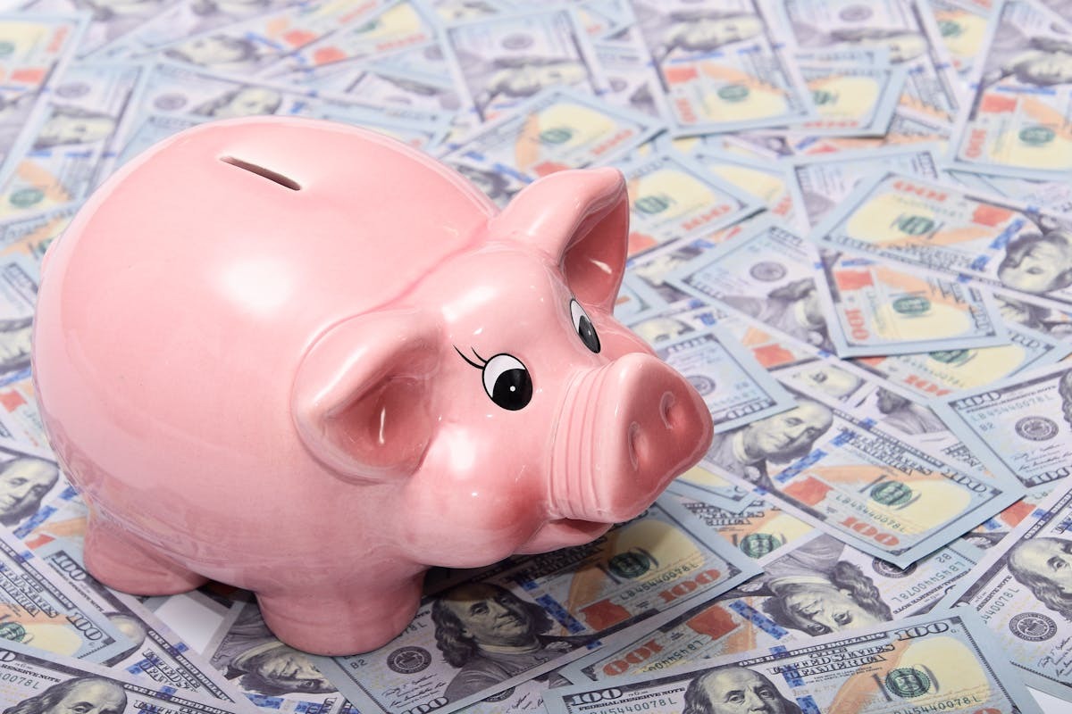 Piggy bank on US dollar bills representing dollar savings and currency protection strategy for expats abroad