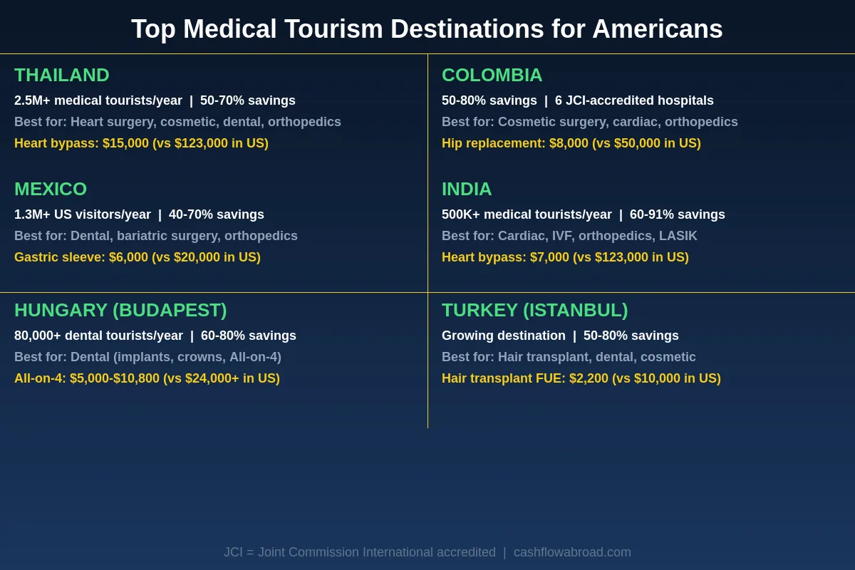 Top Medical Tourism Destinations for Americans: Thailand, Mexico, Colombia, India, Hungary, Turkey with savings percentages