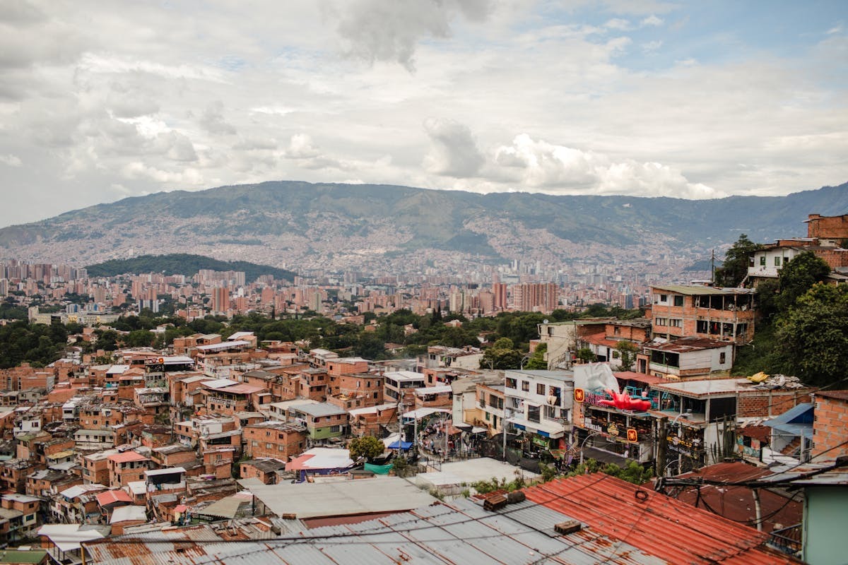 Colorful urban neighborhoods of Medellin Colombia viewed from above