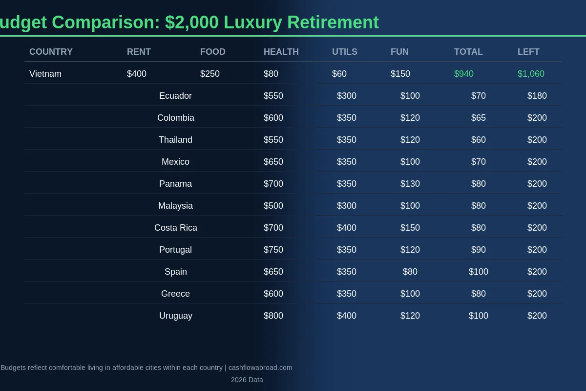 Monthly retirement budget comparison by country